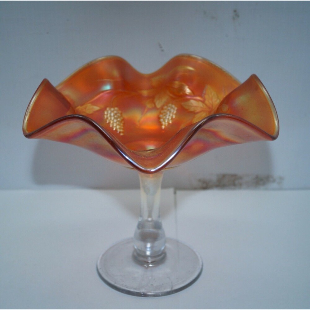 Elegant Antique Fenton Grape Cable Marigold Carnival Glass Compote Candy Dish 6"